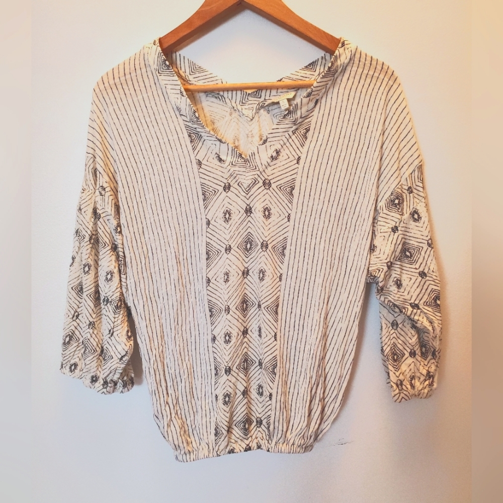 Lucky Brand stretchy and cute shirt with black block pattern and blue stripes